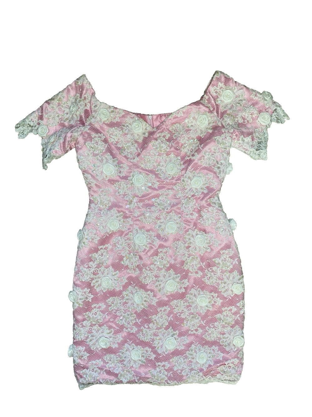 Vintage Pink & White Dress Womens L/XL* Floral Appliques & Sequins Party Dress